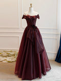 Vintage A-Line Burgundy Organza Burgundy Long Prom Dress HZ1024