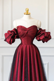 Vintage A line Off The Shoulder Burgundy Tulle Long Evening Dress Prom Dresses HZ1024
