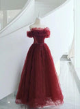 Vintage A line Off The Shoulder Burgundy Tulle Evening Dress Prom Dresses HZ1024