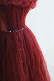 Vintage A line Off The Shoulder Burgundy Tulle Evening Dress Prom Dresses HZ1024
