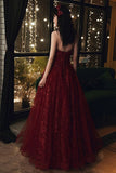 Burgundy Tulle Long Lace Prom Dresses, Wine Red Tulle Long Lace Formal Evening Dress HZ1024