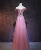 Vintage A Line Off The Shoulder Pink Tulle Evening Dress Prom Dress HZ1024