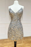 V Neck Lace-Up Sequins Tight Homecoming Dress with Tassels HZ1024