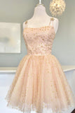Straps Pink A-Line Tulle Homecoming Dress With Gold Stars HZ1024
