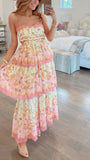 Cute A Line Spaghetti Straps Floral Pink Backless Long Prom Dress HZ1024