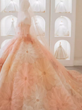 Fairytale Ball Gown Strapless Lace Pink Floral Wedding Dresses HZ1024