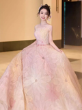 Fairytale Ball Gown Strapless Lace Pink Floral Wedding Dresses HZ1024