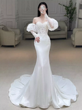 Fairytale Mermaid Strapless Lace White Long Wedding Dresses HZ1024