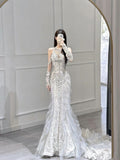 Luxury Mermaid Scoop Neckline Sequin White Long Sleeves Wedding Dresses Brides Gown HZ1024