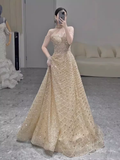 Sexy A Line High Neckline Sleeveless Sequin Long Prom Dress HZ1024