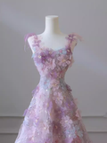 Sexy A line Straps Neckline Floral Long Evening Dress Lace Prom Dress HZ1024