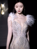 Sexy Mermaid Straps Sequin Long Evening Dress Feather Prom Dress HZ1024