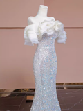 Modest Mermaid Off The Shoulder Sequin Long Evening Dress Beads Prom Dress HZ1024