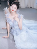 Fairytale Mermaid Straps Gray Sequin Long Evening Dress Beads Prom Dress HZ1024