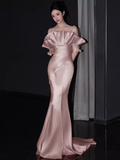 Modest Mermaid Straps Pink Satin Long Prom Dresses HZ1024