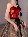 Fairytale Ball Gown Strapless Burgundy Sequin Long Evening Dress Prom Dress HZ1024
