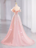 Fairytale A line Off The Shoulder Pink Sequin Long Evening Dress Prom Dress HZ1024