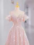 Fairytale A line Off The Shoulder Pink Sequin Long Evening Dress Prom Dress HZ1024