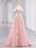 Fairytale A line Off The Shoulder Pink Sequin Long Evening Dress Prom Dress HZ1024