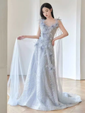 Fairytale A line Straps Sequin Beads Long Evening Dress Prom Dresses With Flowers HZ1024