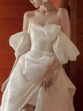 Chic Ball Gown Off The Shoulder White Wedding Dress With Short Sleeves HZ1024