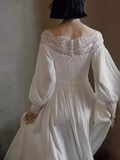 Chic A line Off The Shoulder Lace White Wedding Dress With Long Sleeves HZ1024