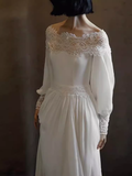 Chic A line Off The Shoulder Lace White Wedding Dress With Long Sleeves HZ1024
