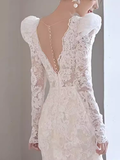 Chic Mermaid V Neckline Lace White Wedding Dress With Long Sleeves HZ1024