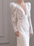 Chic Mermaid V Neckline Lace White Wedding Dress With Long Sleeves HZ1024