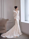 Chic Mermaid V Neckline Lace White Wedding Dress With Long Sleeves HZ1024