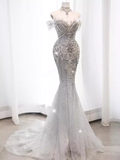 Luxury Mermaid Off The Shoulder Short Sleeves Silver Sequin Wedding Dresses HZ1024