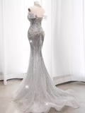 Luxury Mermaid Off The Shoulder Short Sleeves Silver Sequin Wedding Dresses HZ1024
