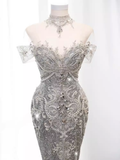 Luxury Mermaid Off The Shoulder Short Sleeves Silver Sequin Wedding Dresses HZ1024