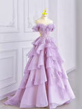 Fairy Ball Gown Off The Shoulder Lace Lilac Long Prom Dress HZ1024