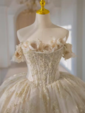 Luxury Ball Gown Off The Shoulder Short Sleeves Lace Wedding Dresses HZ1024