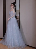 Sexy A line Off The Shoulder Tulle Gray Long Prom Dresses HZ1024
