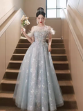 Pretty A Line Off The Shoulder Tulle Gray Long Prom Dresses HZ1024
