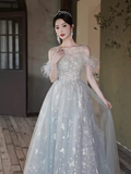 Pretty A Line Off The Shoulder Tulle Gray Long Prom Dresses HZ1024