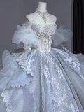 Chic Ball Gown Off The Shoulder Short Sleeves Lace Wedding Dresses HZ1024