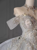 Luxury Ball Gown Off The Shoulder Short Sleeves Sequin Wedding Dress HZ1024