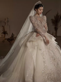 Luxury Ball Gown Scoop Neckline Long Sleeves Sequin Wedding Dress HZ1024
