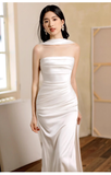 Pretty Sheath Scoop Neckline Satin White Slit Long Prom Dresses With Ribbon HZ1024