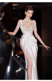 Sexy Mermaid Straps White Pearls Slit Long Wedding Dresses HZ1024