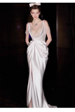 Sexy Mermaid Straps White Pearls Slit Long Wedding Dresses HZ1024