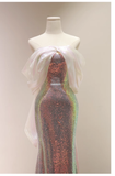 Pretty Sheath Strapless Sequin Long Prom Dresses With Sleeves HZ1024