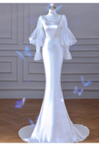 Sexy Mermaid U Neckline Long Sleeves Satin Long Wedding Dresses With Pearls HZ1024
