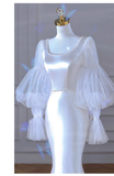 Sexy Mermaid U Neckline Long Sleeves Satin Long Wedding Dresses With Pearls HZ1024