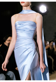 Pretty Sheath Scoop Neckline Satin Blue Slit Long Prom Dresses With Ribbon HZ1024