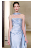 Pretty Sheath Scoop Neckline Satin Blue Slit Long Prom Dresses With Ribbon HZ1024
