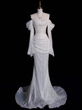 Timeless Mermaid Off The Shoulder Long Sleeves Sequin Wedding Dresses With Ruffles HZ1024